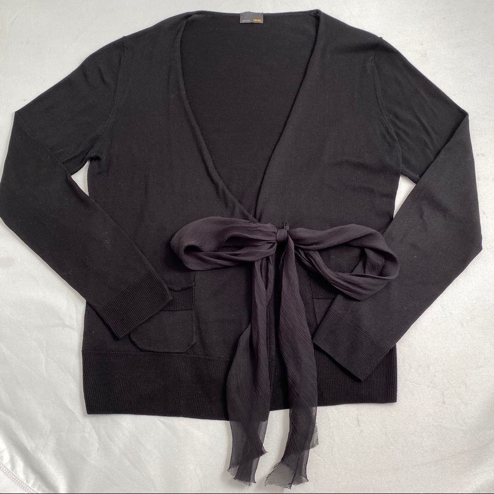 Fendi black cotton and silk blend tie front wrap knit cardigan